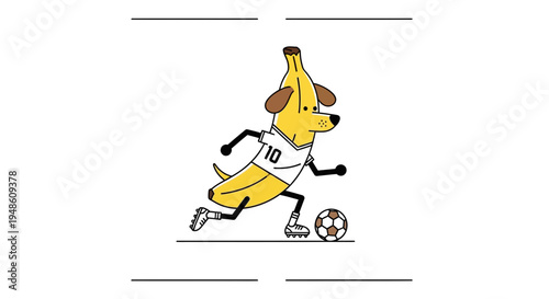 Funny Banana Dog Playing Soccer, Cartoon Character Dribbling Ball, Sports Concept