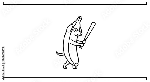 Funny Banana Dog Character Holding Baseball Bat, Cartoon Style