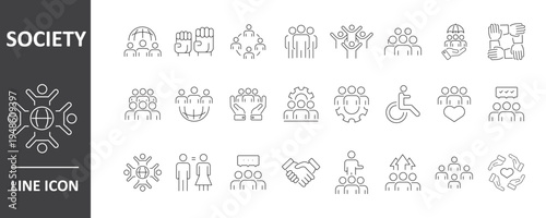 Society line icon set. Editable Stroke. Community, people, cooperation, unity, social, network - stock vector..eps