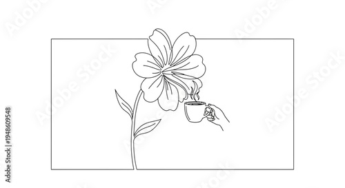 Flower Pouring Coffee into Cup, Minimalist Line Art, Nature and Beverage Concept