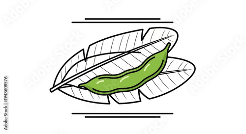 Fresh Green Edamame Pod on Banana Leaf with Decorative Lines