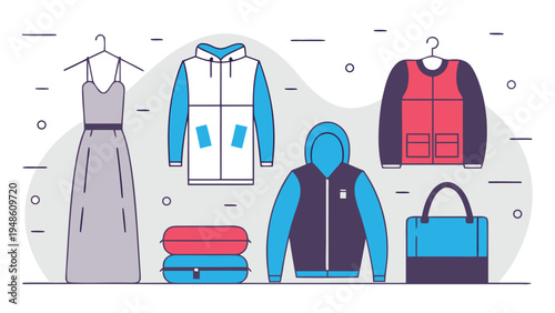 Flat vector illustration featuring a selection of winter and casual clothing including a long dress and hoodies arranged against a neutral grey background.