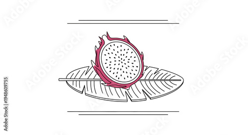 Dragon Fruit Slice on Banana Leaf, Tropical Exotic Fruit Illustration