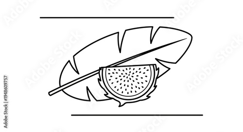 Dragon Fruit Slice and Tropical Leaf Line Art Icon