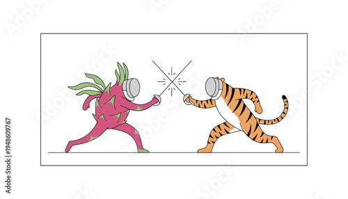 Dragon Fruit vs Tiger: Funny Fencing Duel, Healthy Food vs Wild Animal