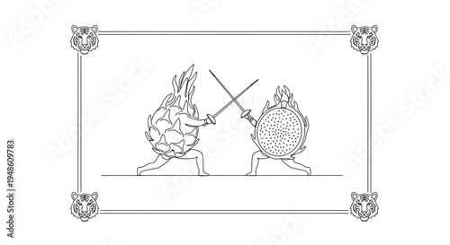 Dragon Fruit vs. Pineapple: A Whimsical Food Fight with Tiger Border