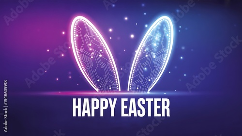 Glowing neon bunny ears with happy easter text futuristic festive design