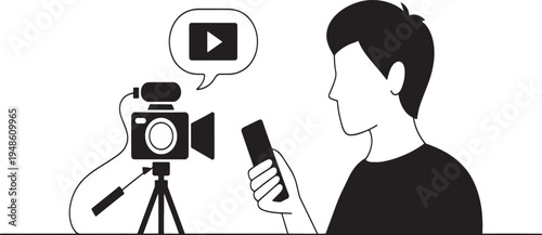 Person holding smartphone near with play button in speech bubble mobile phone tripod