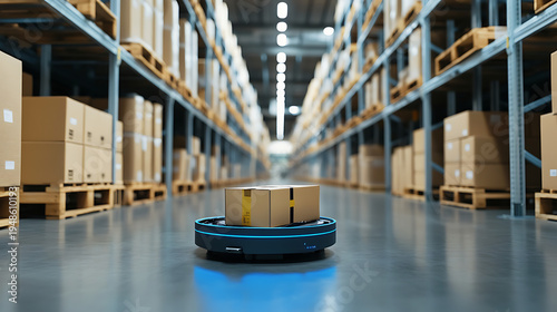 Automated cart moves through warehouse aisles. Boxes line tall metal shelves. Blue cart glides smoothly on polished floor. Bright lights illuminate the space. Industrial setting suggests efficiency