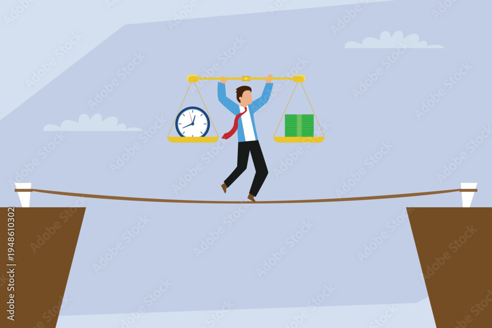 Fototapeta premium Financial and Time Management Balance: A Businessman Walking a Tightrope 2d flat vector illustration