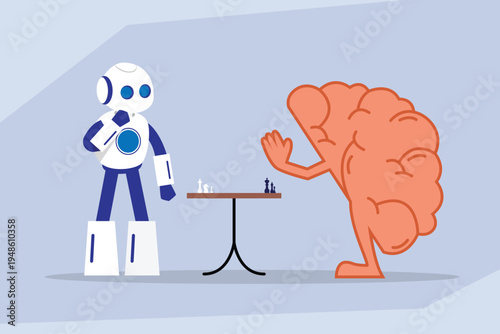 Artificial Intelligence vs Human Brain  Representing Robot and Brain Playing Strategy Chess Game 2d flat vector illustration 2d flat vector illustration