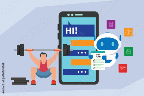 AI Fitness Coach and Diet Plan Assistant Concept with Robot Helping Man Workout and Tracking Health Data on Smartphone 2d flat vector illustration