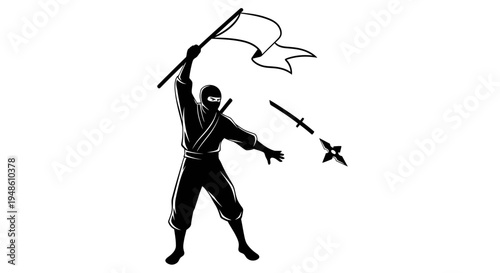 Ninja Warrior with Flag and Weapons, Silhouette Style