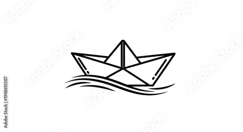 Origami paper boat floating on wavy water, minimalist line art illustration