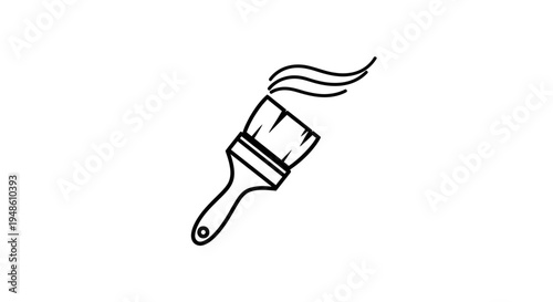 Paintbrush with flowing paint stroke, simple line art icon, isolated on white background