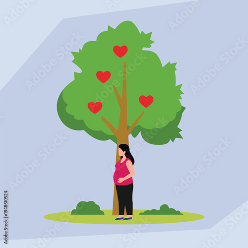 Pregnant woman standing under a heart-themed tree 2d flat vector illustration
