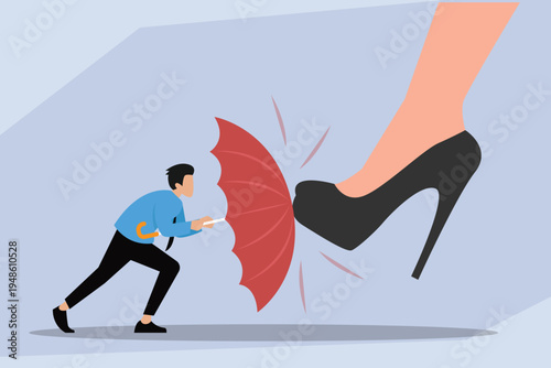 Man defending himself against corporate pressure with an umbrella 2d flat vector illustration