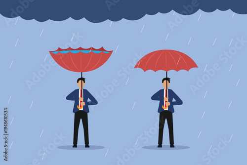 Businessmen with different umbrella usage in the rain 2d flat vector illustration