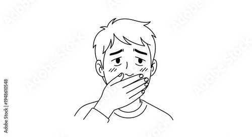 Man covering mouth in shock or disgust, black and white line drawing