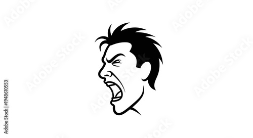 Man Screaming Angrily, Face Expression of Rage and Frustration, Black and White Illustration