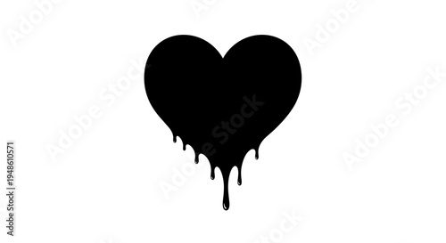 Melting Black Heart Symbol Dripping Isolated on White Background