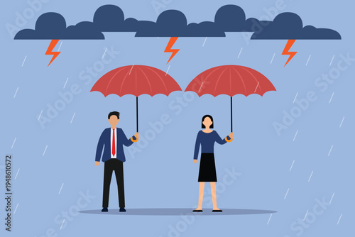 Business Professionals Preparing for Economic Storm 2d flat vector illustration