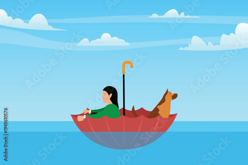 Woman and Dog Sailing in Umbrella Boat 2d flat vector illustration
