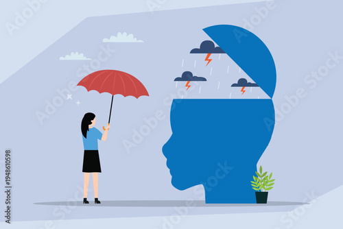Woman Holding Umbrella Over Open Head with Stormy Clouds 2d flat vector illustration