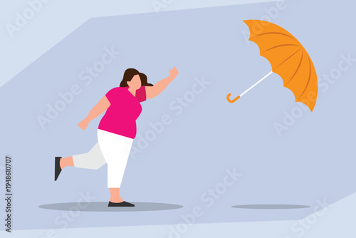 Unexpected Loss: Woman Reaching for a Flying Umbrella Blown Away by Strong Wind 2d flat vector illustration