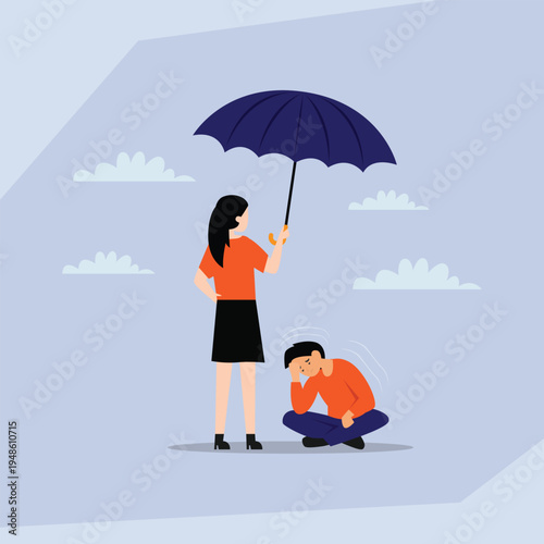 Supportive Woman Holding Umbrella Over Sad Man Experiencing Mental Health Struggles 2d flat vector illustration
