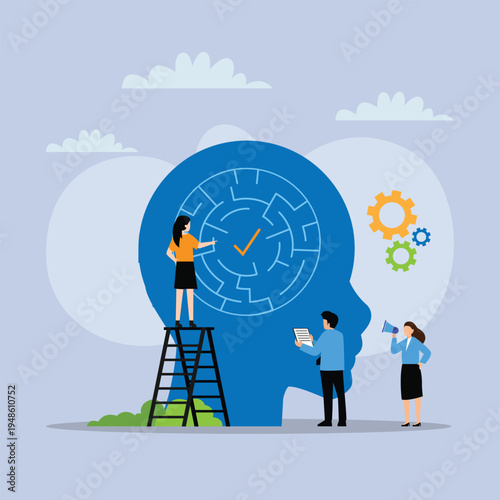 Team Analyzing Complex Maze Inside Human Head Concept 2d flat vector illustration