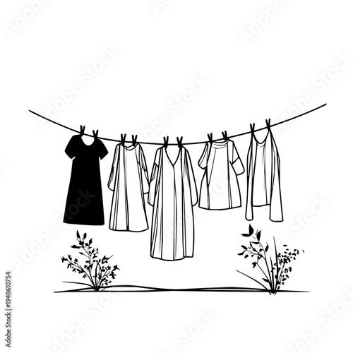 Clothes hanging on a line with plants underneath in black and white vector illustration design art 100