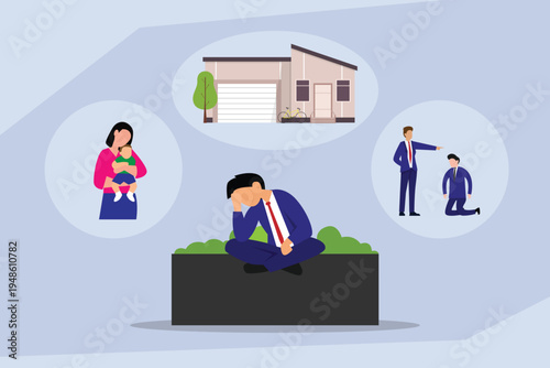 Stressed Businessman Thinking About Personal and Professional Life Pressures 2d flat vector illustration