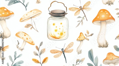 Whimsical watercolor pattern of mushrooms, dragonflies, jar of glowing fireflies, and leafy sprigs in soft orange and green tones, isolated on white. cozy, nature-inspired seamless design.