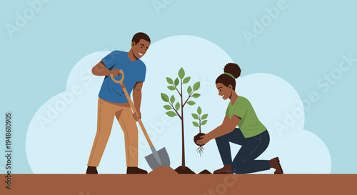 Illustration of a man and woman planting a tree together in the ground with a shovel and seedling in a colorful, stylized scene.
