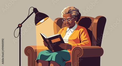 Illustration of an elderly woman reading a book in a comfortable armchair under a standing lamp with a warm atmosphere.