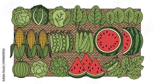 Flat lay illustration of various vegetables and fruits including watermelon, corn, and leafy greens on a woven surface against a white background.