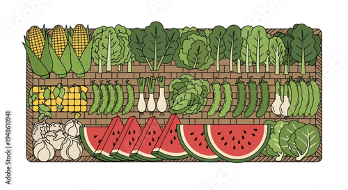 Illustration of various fresh vegetables and fruits arranged on wooden shelves against a white background with a colorful and vibrant mood.