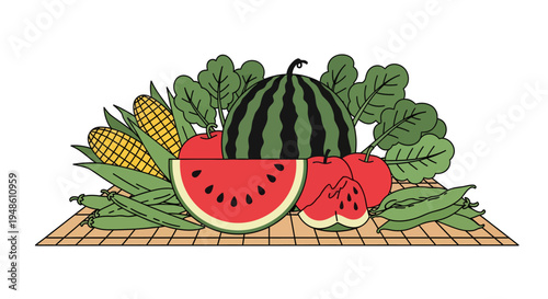 Illustration of watermelon, corn and vegetables on a wooden cutting board against a white background.