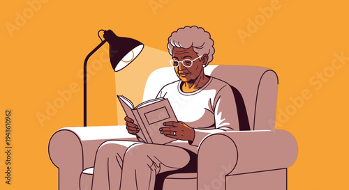 Illustration of a senior woman reading a book in a chair under a desk lamp with a warm orange background.