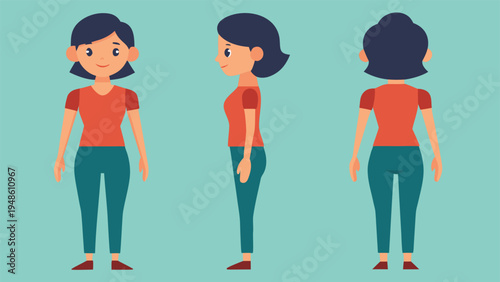 Three point character turnaround reference sheet of a cartoon woman wearing a coral colored top and teal leggings against a matching background.