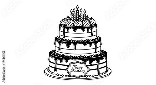 Hand-drawn happy birthday cake illustration, black and white, three tiers, candles, celebration