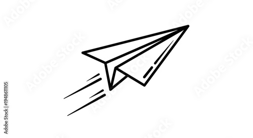 Hand-drawn paper airplane flying with motion lines, symbolizing travel, dreams, and creativity