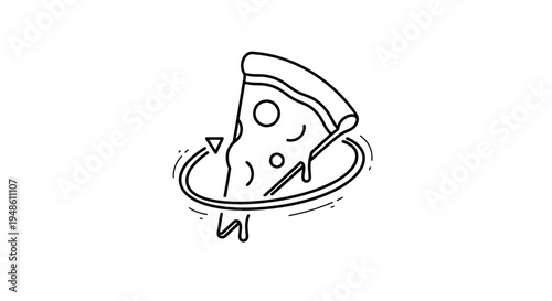 Hand-drawn pizza slice icon with swirling motion lines, black and white doodle art