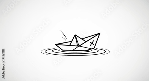 Hand-drawn paper boat sinking in water with ripples and a cross symbol