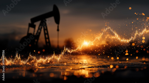 Wallpaper Mural Oil Pump and Market Trend: An oil pump silhouette stands against the twilight backdrop, overlayed with a dynamic graph line, depicting market fluctuation and economic forces, at the heart of industry. Torontodigital.ca