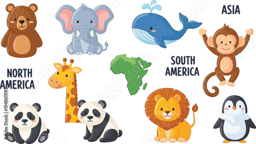 Cute World Animal Vector Map Set Featuring Lion, Elephant, Panda, Giraffe, Whale, Penguin, Bear, and Monkey with Continent Labels for Kids Education