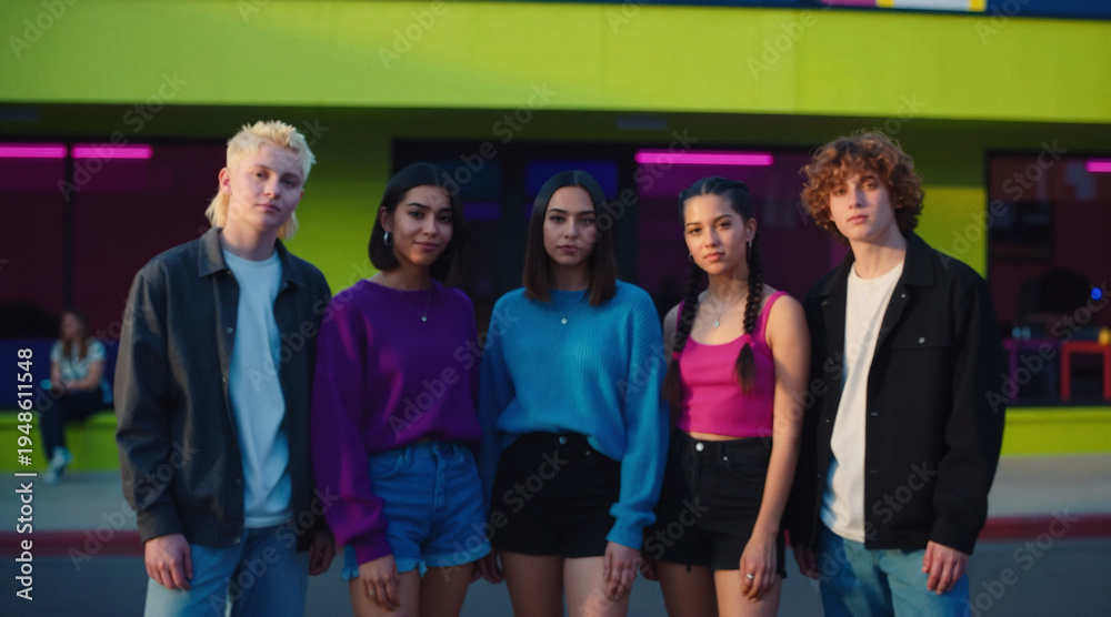 Obraz premium A group of young people standing in front of a colorful building at night