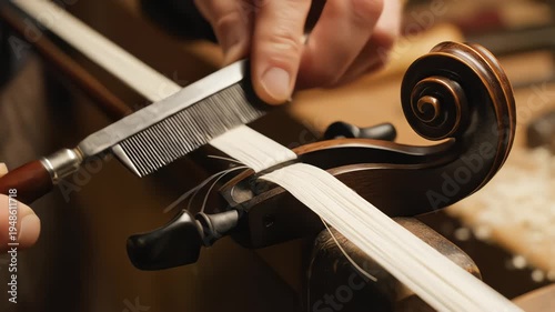 Close up of a luthiers hands using a fine metal comb on the horsehair of a stringed instrument with a carved wooden scroll in a traditional workshop