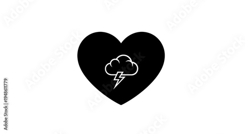 Black Heart with Lightning Cloud Icon: Symbol of Inner Turmoil, Emotional Storm, or Difficult Love